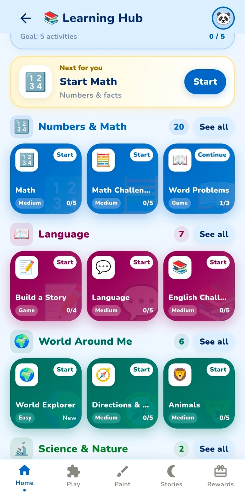 JWorld Quest learning activities screen