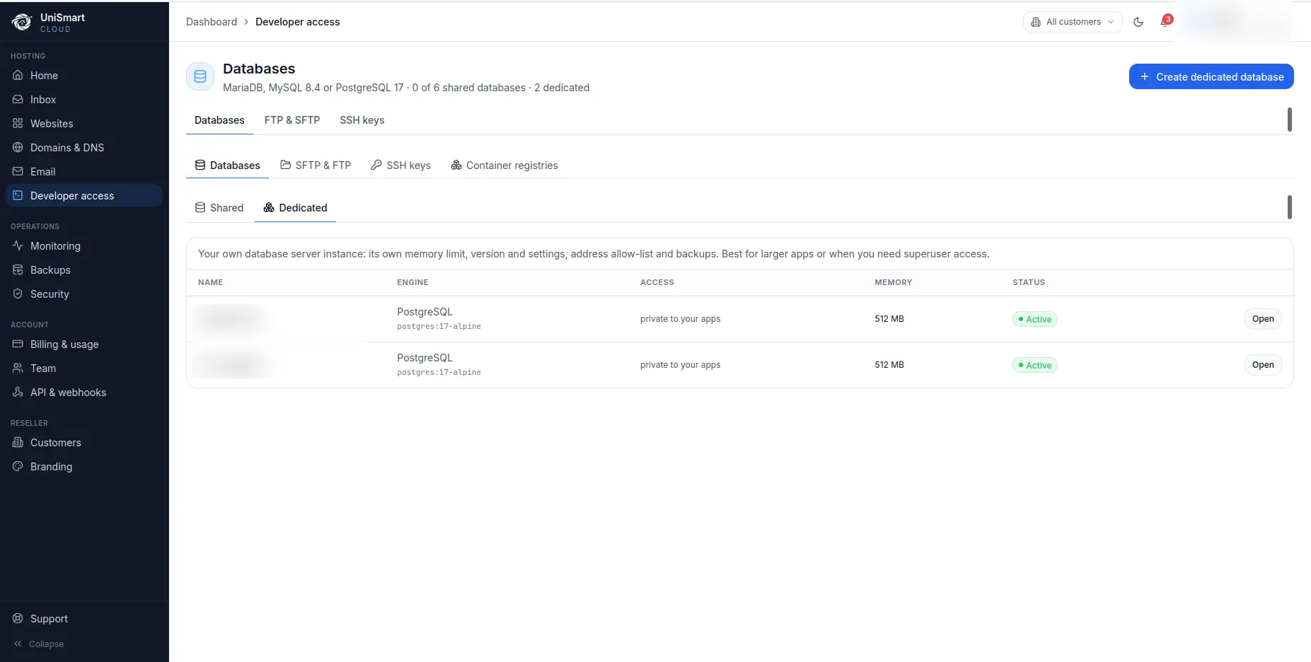 UniSmart Cloud developer access page listing database services and status