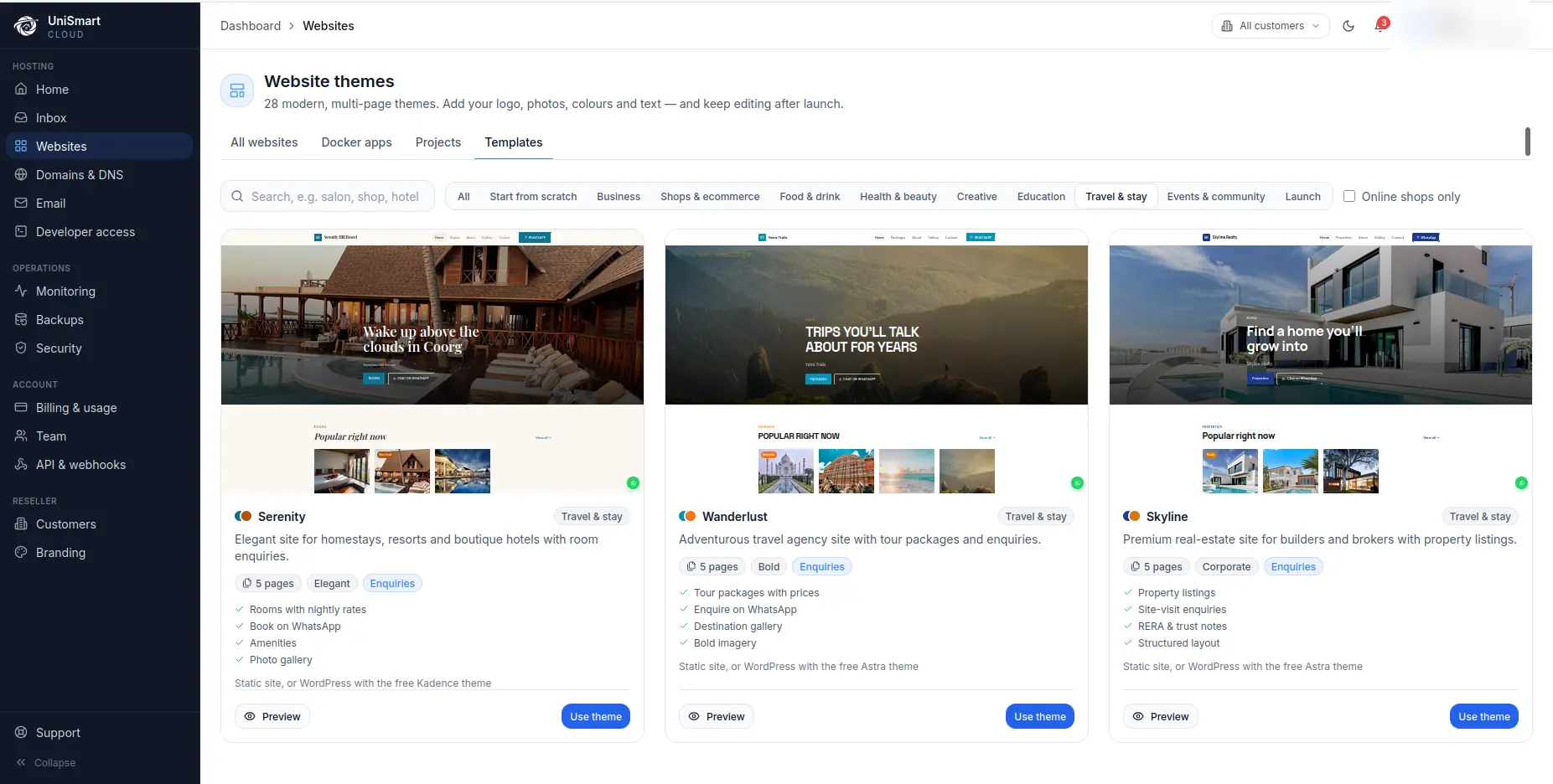 UniSmart Cloud website theme gallery with searchable design templates