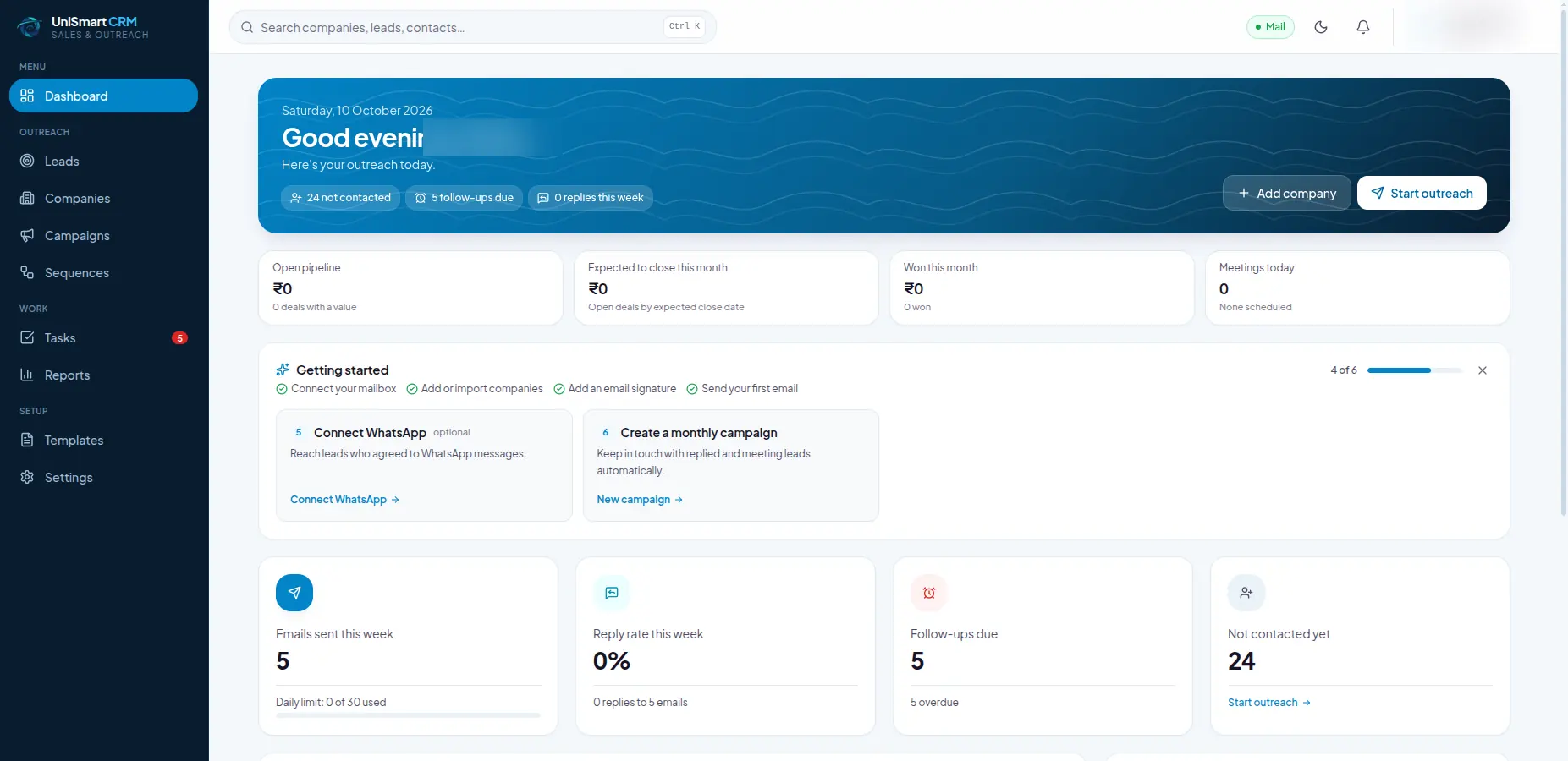 UniSmart CRM dashboard showing outreach activity, follow-ups, and sales pipeline