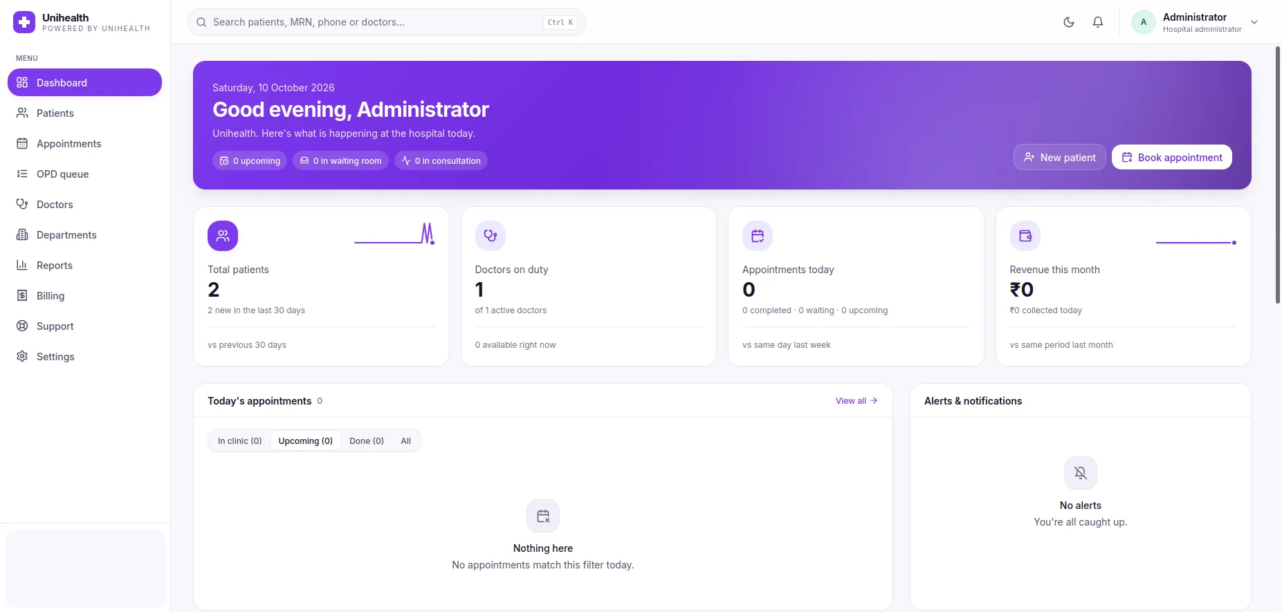 Unihealth hospital dashboard showing patient, doctor, and appointment summaries